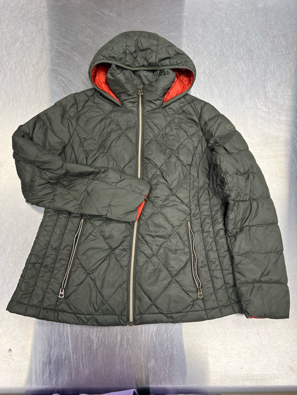 Lucky Brand Olive Quilted Hooded Puffer with Orange Lining Women’s M